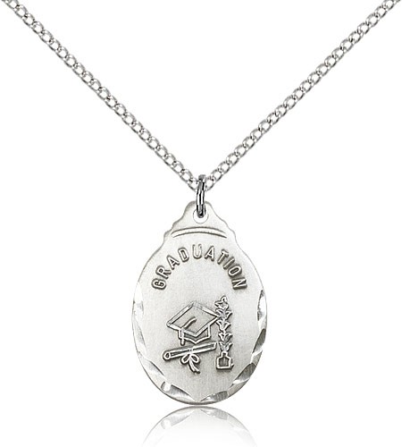 Graduate Medal, Sterling Silver - 18&quot; 1.2mm Sterling Silver Chain + Clasp
