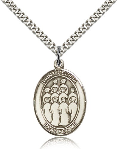 St. Cecilia Choir Medal, Sterling Silver, Large - 24&quot; 2.4mm Rhodium Plate Chain + Clasp