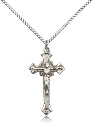 Crucifix Pendant, Sterling Silver - 18&quot; 1.2mm Sterling Silver Chain + Clasp