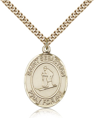 St. Sebastian Skiing Medal, Gold Filled, Large - 24&quot; 2.4mm Gold Plated Chain + Clasp