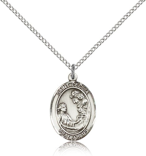 St. Cecilia Medal, Sterling Silver, Medium - 18&quot; 1.2mm Sterling Silver Chain + Clasp