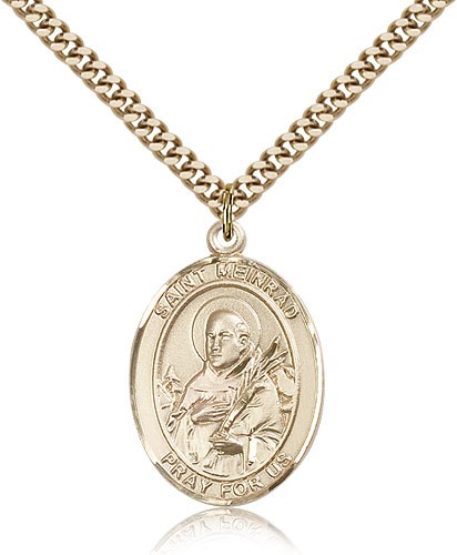 St. Meinrad of Einsideln Medal, Gold Filled, Large - 24&quot; 2.4mm Gold Plated Chain + Clasp