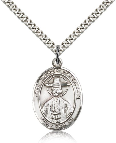 St. Andrew Kim Taegon Medal, Sterling Silver, Large - 24&quot; 2.4mm Rhodium Plate Chain + Clasp