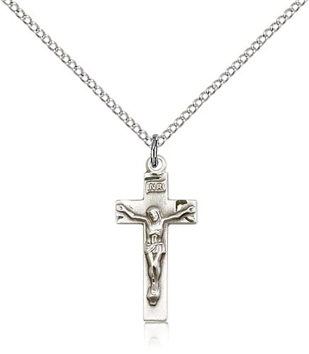 Crucifix Pendant, Sterling Silver - 18&quot; 1.2mm Sterling Silver Chain + Clasp