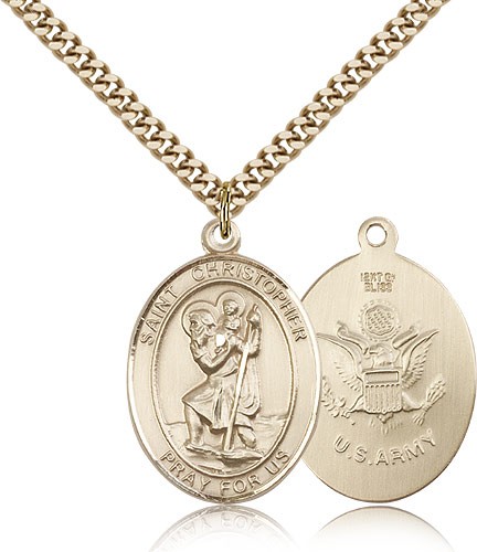 St. Christopher Army Medal, Gold Filled, Large - 24&quot; 2.4mm Gold Plated Chain + Clasp