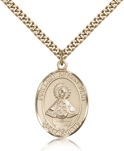 Our Lady of San Juan Medal, Gold Filled, Large - 24&quot; 2.4mm Gold Plated Chain + Clasp