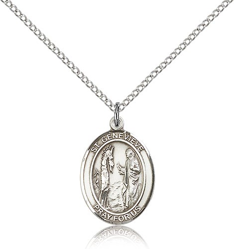 St. Genevieve Medal, Sterling Silver, Medium - 18&quot; 1.2mm Sterling Silver Chain + Clasp