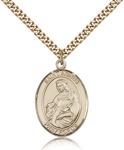 St. Agnes of Rome Medal, Gold Filled, Large - 24&quot; 2.4mm Gold Plated Chain + Clasp