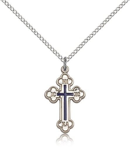 Russian Cross Pendant, Sterling Silver - 18&quot; 1.2mm Sterling Silver Chain + Clasp