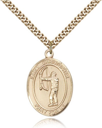 St. Christopher Archery Medal, Gold Filled, Large - 24&quot; 2.4mm Gold Plated Chain + Clasp