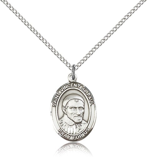St. Vincent De Paul Medal, Sterling Silver, Medium - 18&quot; 1.2mm Sterling Silver Chain + Clasp