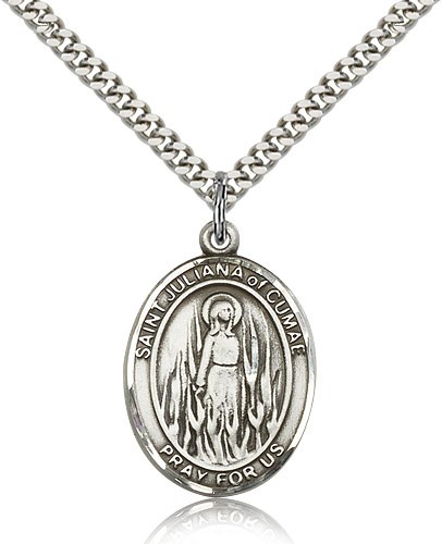 St. Juliana Medal, Sterling Silver, Large - 24&quot; 2.4mm Rhodium Plate Chain + Clasp