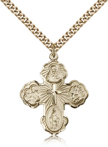 5 Way Cross Pendant, Gold Filled - 24&quot; 2.4mm Gold Plated Endless Chain