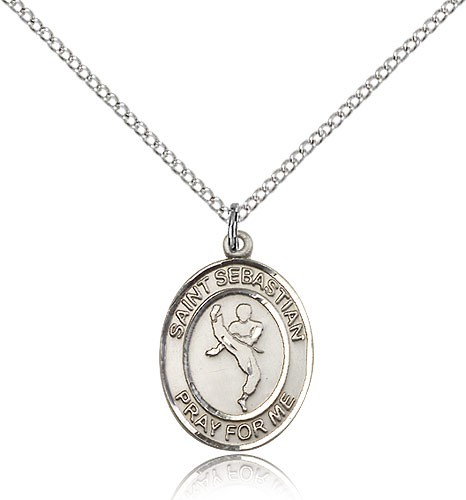 St. Sebastian Martial Arts Medal, Sterling Silver, Medium - 18&quot; 1.2mm Sterling Silver Chain + Clasp