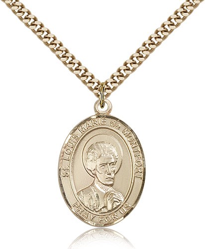 St. Louis Marie De Montfort Medal, Gold Filled, Large - 24&quot; 2.4mm Gold Plated Chain + Clasp