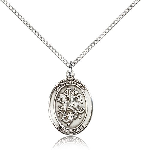 St. George Medal, Sterling Silver, Medium - 18&quot; 1.2mm Sterling Silver Chain + Clasp