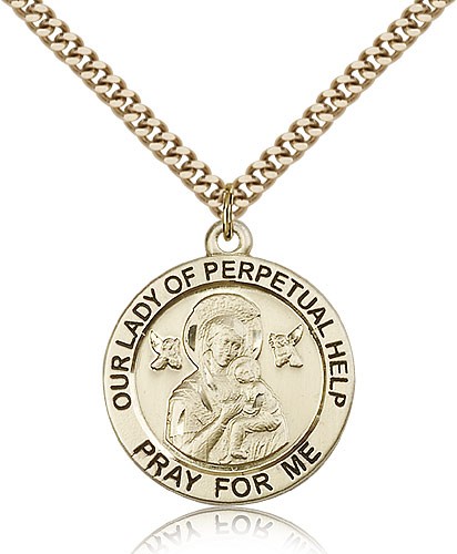 Our Lady of Perpetual Help Medal, Gold Filled - 24&quot; 2.4mm Gold Plated Endless Chain