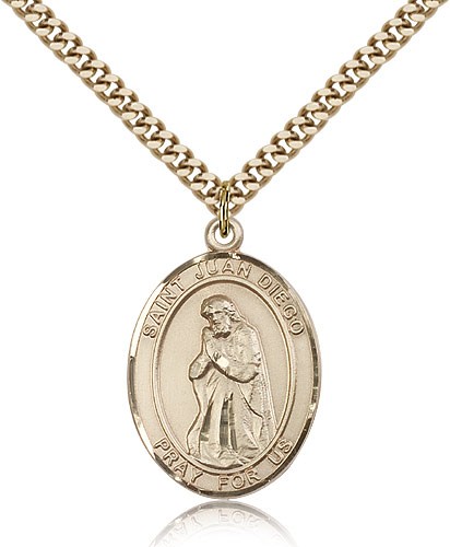 St. Juan Diego Medal, Gold Filled, Large - 24&quot; 2.4mm Gold Plated Chain + Clasp