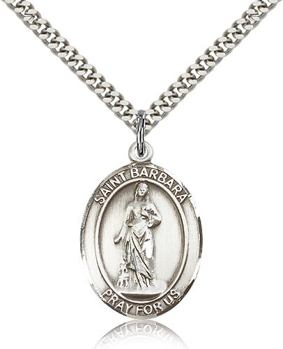 St. Barbara Medal, Sterling Silver, Large - 24&quot; 2.4mm Rhodium Plate Chain + Clasp