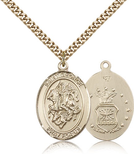 St. George Air Force Medal, Gold Filled, Large - 24&quot; 2.4mm Gold Plated Chain + Clasp