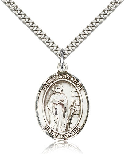 St. Susanna Medal, Sterling Silver, Large - 24&quot; 2.4mm Rhodium Plate Chain + Clasp