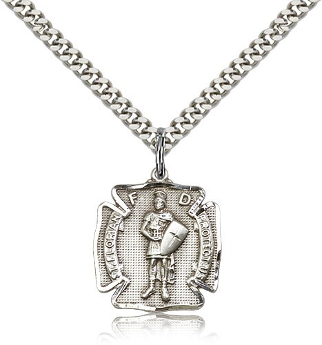 St. Florian Medal, Sterling Silver - 24&quot; 2.4mm Rhodium Plate Endless Chain