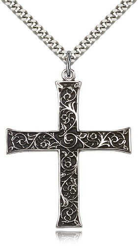 Cross Pendant, Sterling Silver - 24&quot; 2.4mm Rhodium Plate Endless Chain