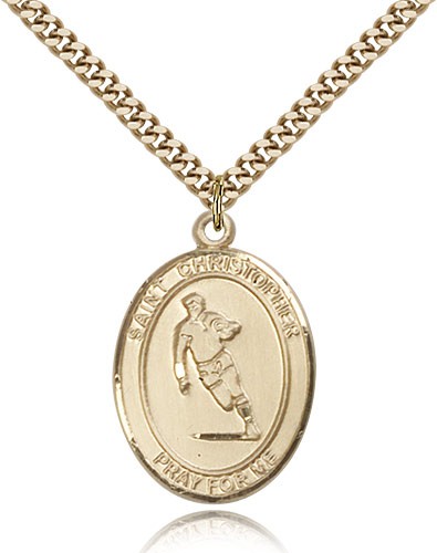 St. Christopher Rugby Medal, Gold Filled, Large - 24&quot; 2.4mm Gold Plated Chain + Clasp