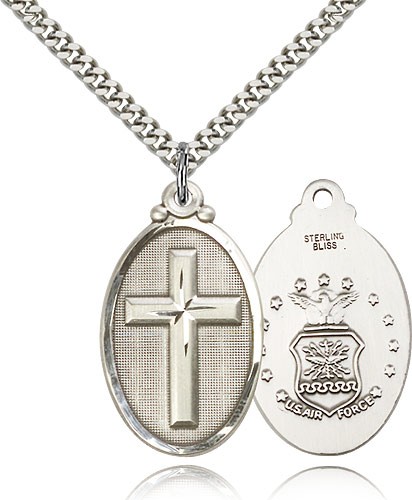 Air Force Cross Pendant, Sterling Silver - 24&quot; 2.4mm Rhodium Plate Endless Chain