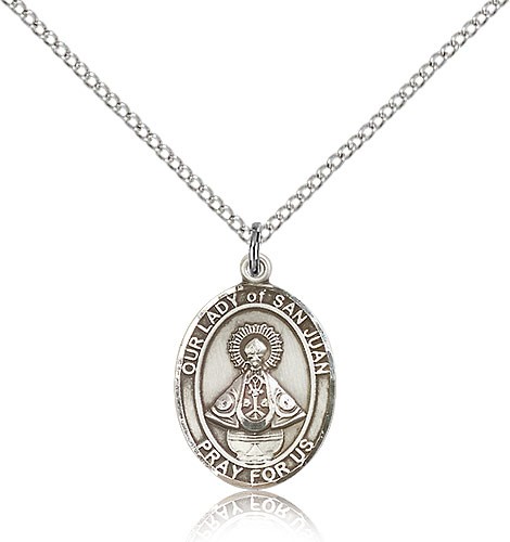 Our Lady of San Juan Medal, Sterling Silver, Medium - 18&quot; 1.2mm Sterling Silver Chain + Clasp