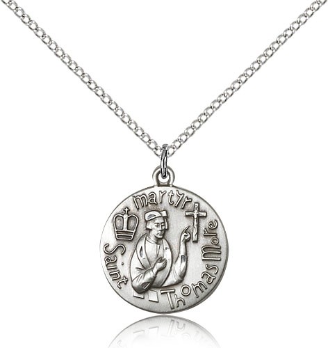 St. Thomas More Medal, Sterling Silver - 18&quot; 1.2mm Sterling Silver Chain + Clasp