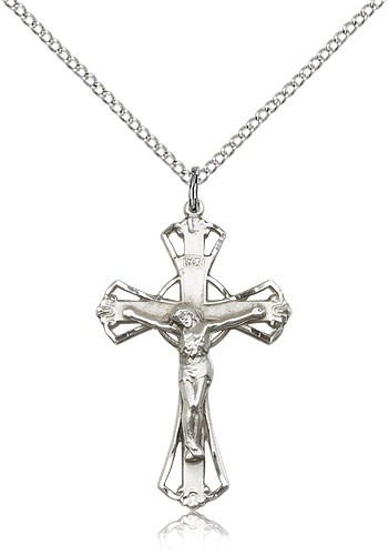 Crucifix Pendant, Sterling Silver - 18&quot; 1.2mm Sterling Silver Chain + Clasp