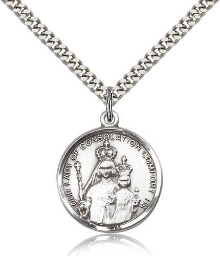 Our Lady of Consolation Medal, Sterling Silver - 24&quot; 2.4mm Rhodium Plate Endless Chain