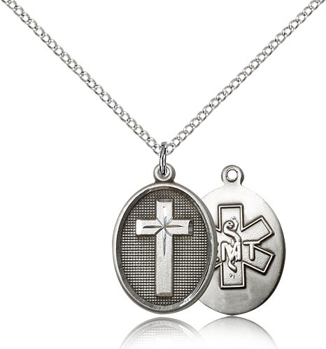 EMT Cross Pendant, Sterling Silver - 18&quot; 1.2mm Sterling Silver Chain + Clasp