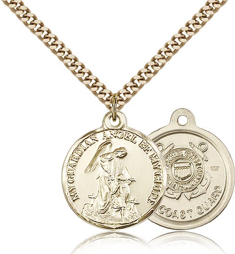 Coast Guard Guardain Angel Medal, Gold Filled - 24&quot; 2.4mm Gold Plated Endless Chain