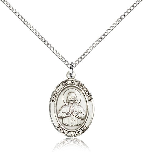 St. John Vianney Medal, Sterling Silver, Medium - 18&quot; 1.2mm Sterling Silver Chain + Clasp