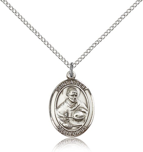 St. Albert the Great Medal, Sterling Silver, Medium - 18&quot; 1.2mm Sterling Silver Chain + Clasp