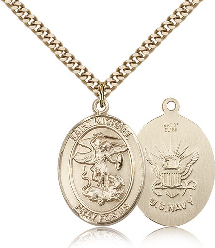 St. Michael Navy Medal, Gold Filled, Large - 24&quot; 2.4mm Gold Plated Chain + Clasp