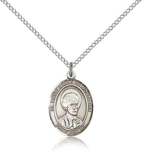 St. Louis Marie De Montfort Medal, Sterling Silver, Medium - 18&quot; 1.2mm Sterling Silver Chain + Clasp
