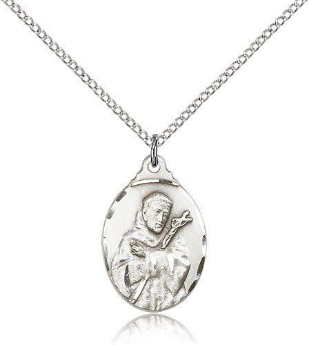 St. Francis Medal, Sterling Silver - 18&quot; 1.2mm Sterling Silver Chain + Clasp