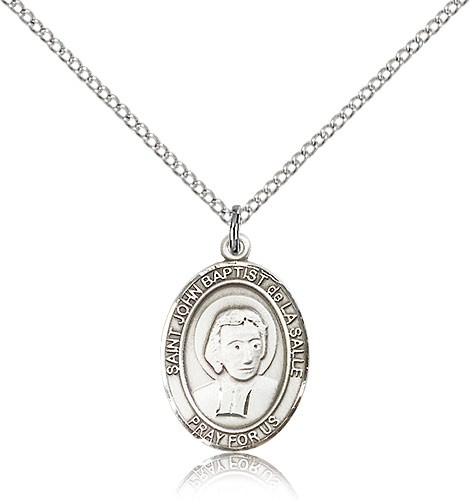 St. John Baptist De La Salle Medal, Sterling Silver, Medium - 18&quot; 1.2mm Sterling Silver Chain + Clasp
