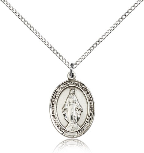 Miraculous Medal, Sterling Silver, Medium - 18&quot; 1.2mm Sterling Silver Chain + Clasp