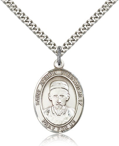 St. Joseph Freinademetz Medal, Sterling Silver, Large - 24&quot; 2.4mm Rhodium Plate Chain + Clasp