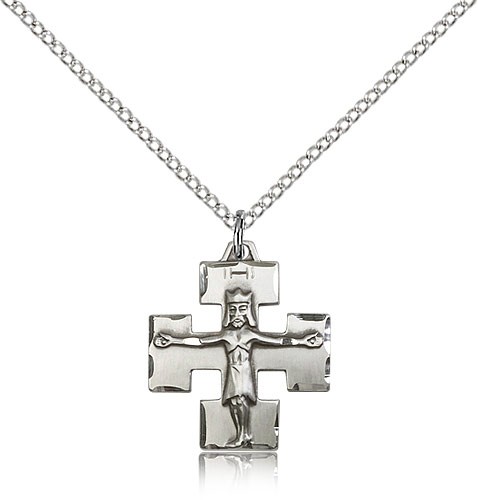 Modern Crucifix Pendant, Sterling Silver - 18&quot; 1.2mm Sterling Silver Chain + Clasp