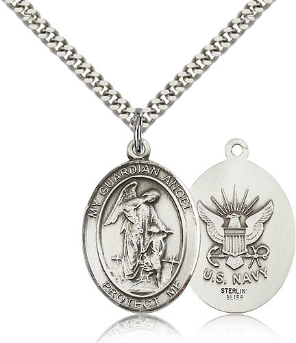Guardian Angel Navy Medal, Sterling Silver, Large - 24&quot; 2.4mm Rhodium Plate Chain + Clasp