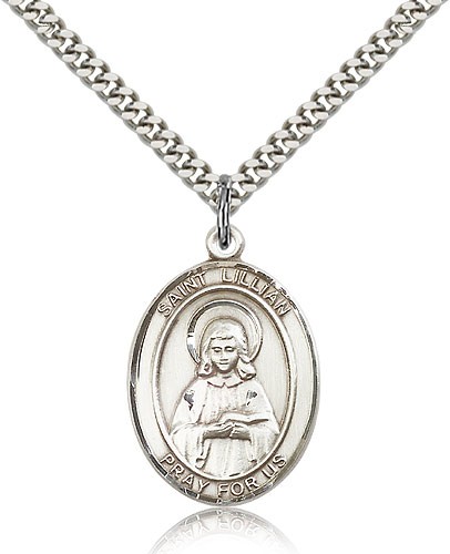 St. Lillian Medal, Sterling Silver, Large - 24&quot; 2.4mm Rhodium Plate Chain + Clasp