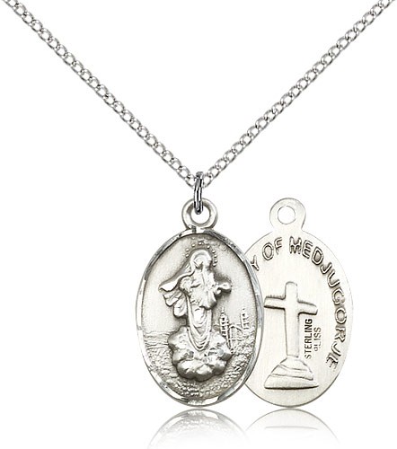 Our Lady of Medugorje Medal, Sterling Silver - 18&quot; 1.2mm Sterling Silver Chain + Clasp