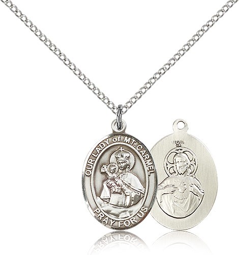 Our Lady of Mount Carmel Medal, Sterling Silver, Medium - 18&quot; 1.2mm Sterling Silver Chain + Clasp