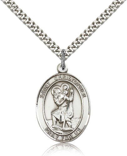 St. Christopher Medal, Sterling Silver, Large - 24&quot; 2.4mm Rhodium Plate Chain + Clasp