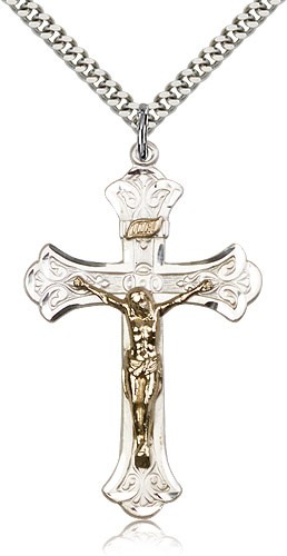 Crucifix Pendant, Two-Tone - 24&quot; 2.4mm Rhodium Plate Endless Chain